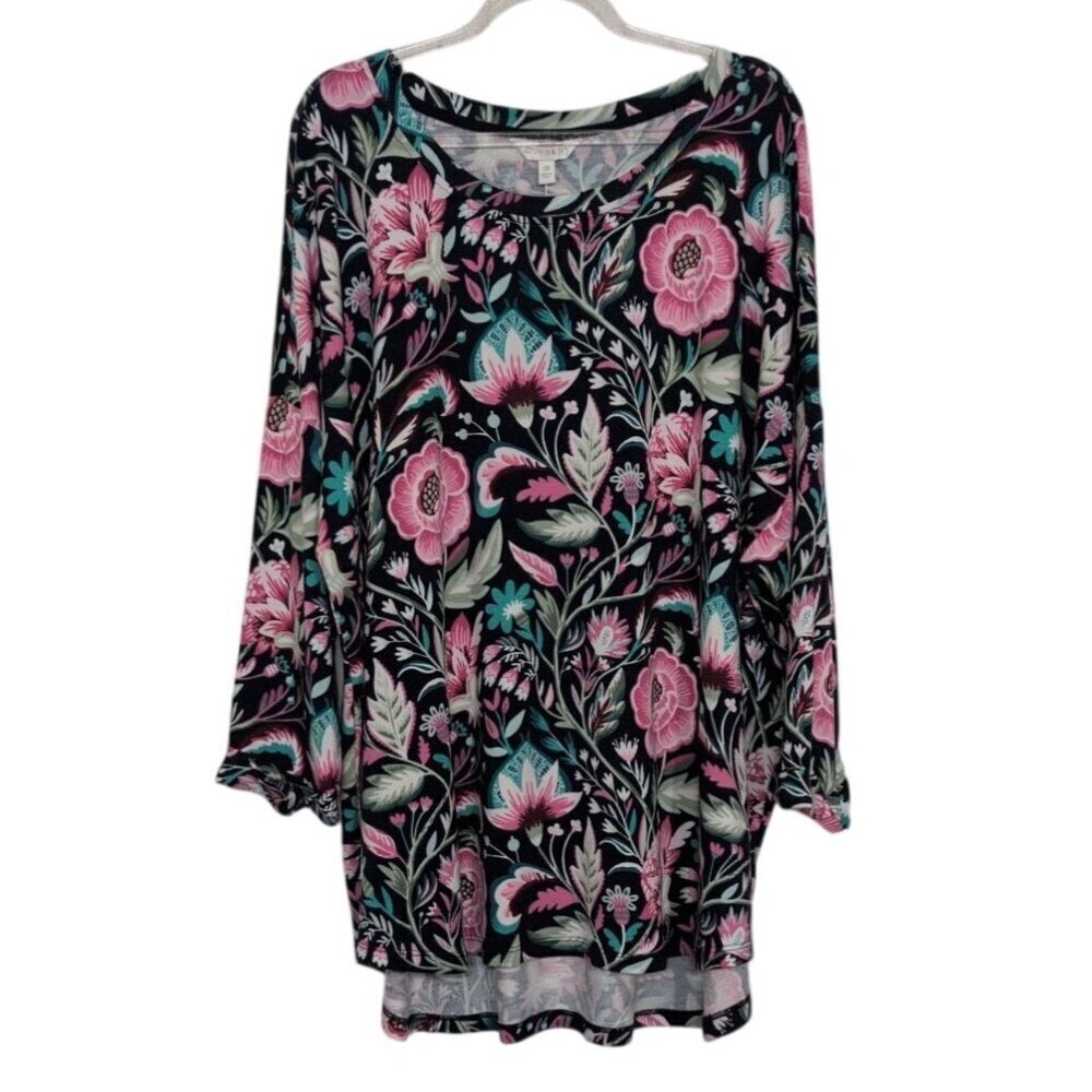 Crown & Ivy Navy Vine Times Shirt Womens Plus Size 2X Blue Floral 3/4 Sleeve NEW